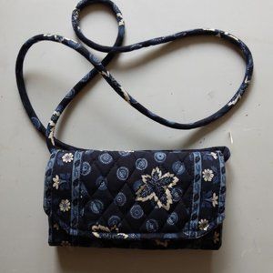 Blue Cotton Fabric Mixed Print Organizer Cross Body Bag